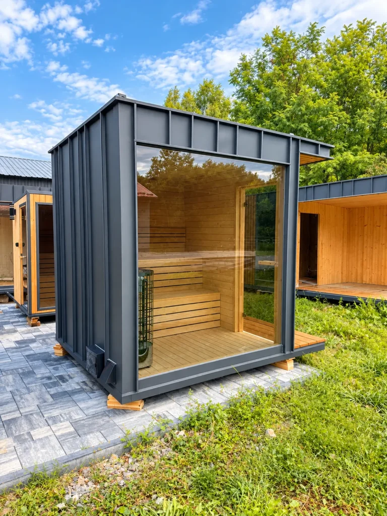 Nowoczesna sauna ogrodowa z przeszkleniem i drewnianym wykończeniem Solhaus